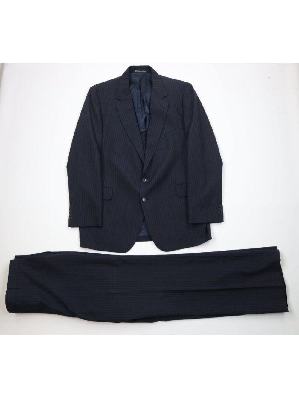 Vtg 70s Mens 46L 2 Piece Striped Wool Suit Wedding Bell Bottoms 38x33 Blue USA